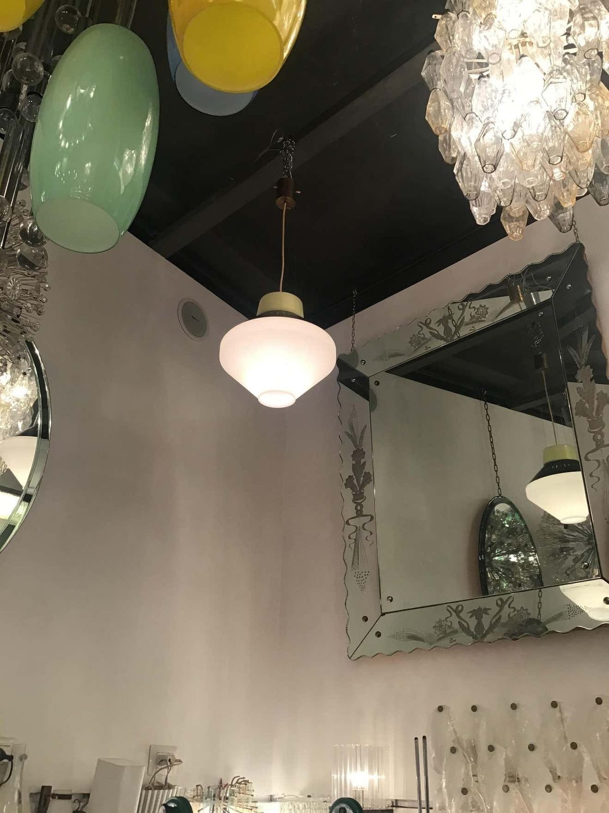 Stilnovo Chandelier Opaline Glass Brass Metal 1955 Italy photo buy