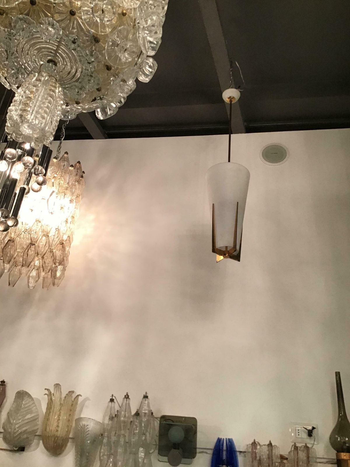 Stilnovo Chandelier Brass Opaline Glass, 1950, Italy photo Lighting