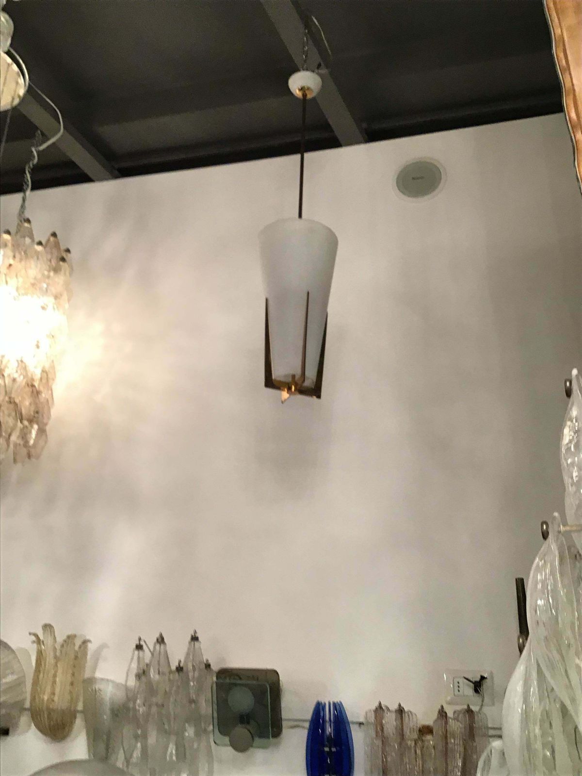 photo furniture Stilnovo Chandelier Brass Opaline Glass, 1950, Italy
