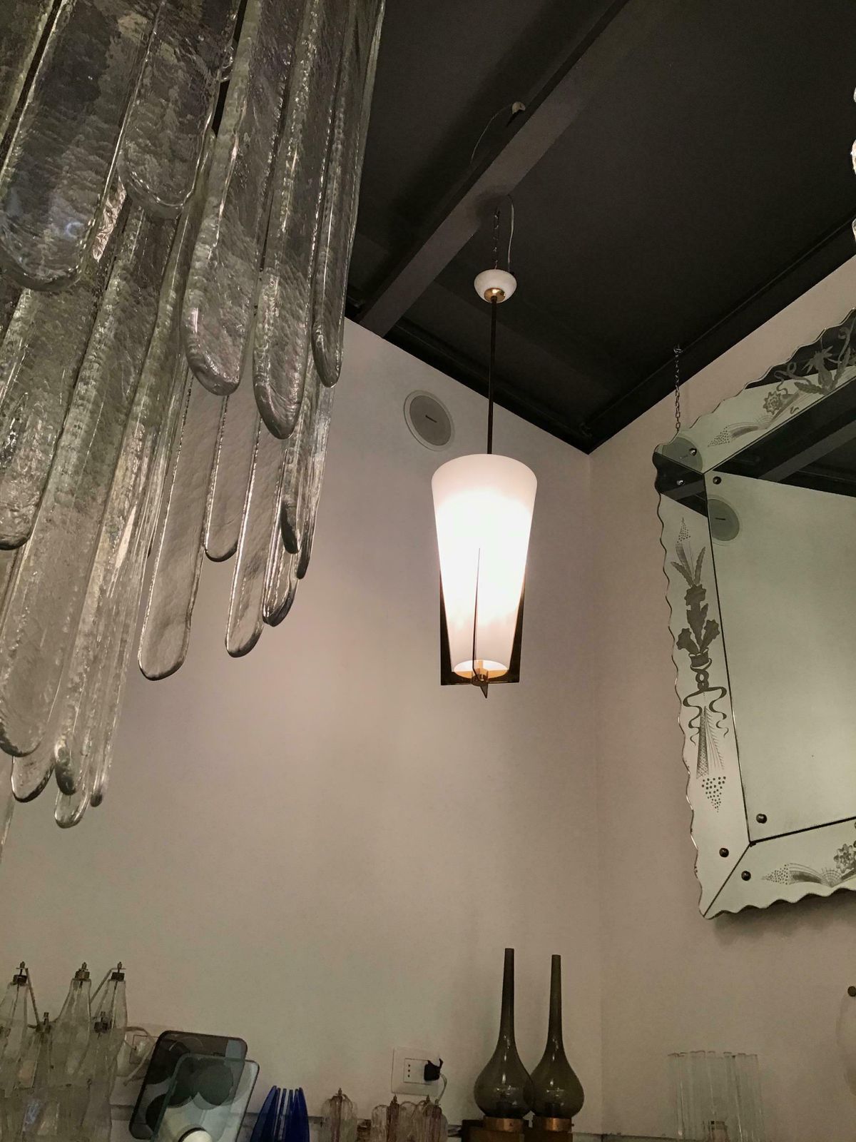 photo for sale Stilnovo Chandelier Brass Opaline Glass, 1950, Italy