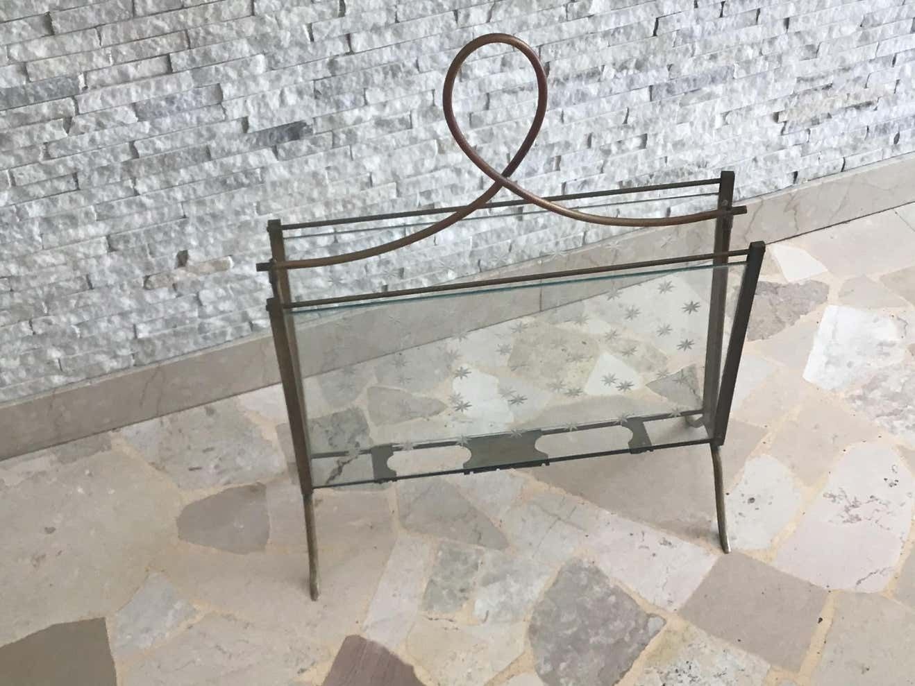 Cristal Art Magazine Holder Brass Glass, 1950, Italy photo furniture