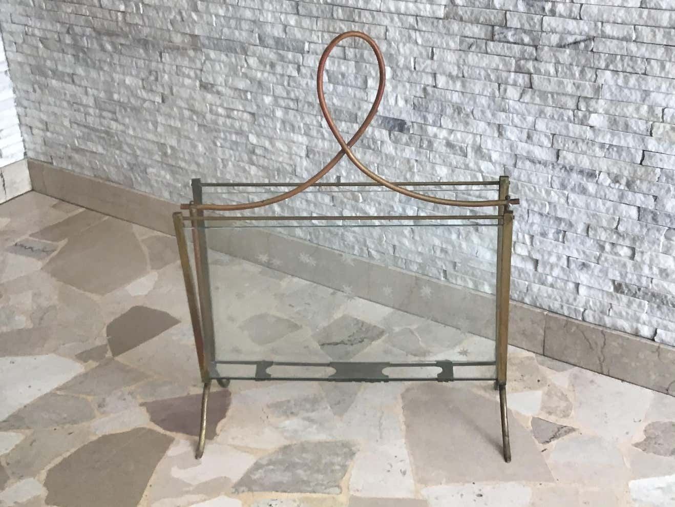 Cristal Art Magazine Holder Brass Glass, 1950, Italy photo vinterior