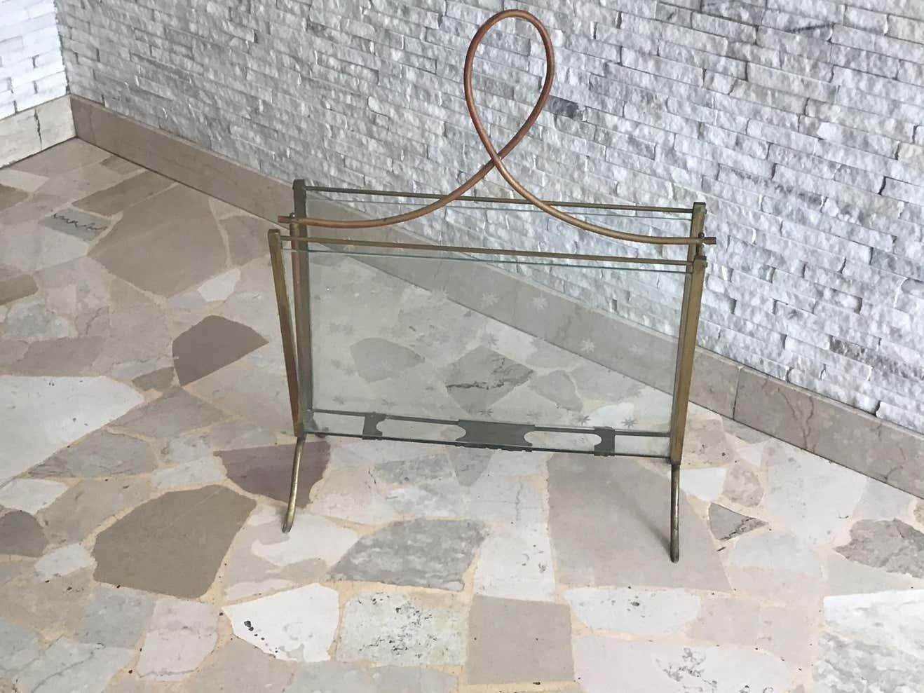 photo for sale Cristal Art Magazine Holder Brass Glass, 1950, Italy