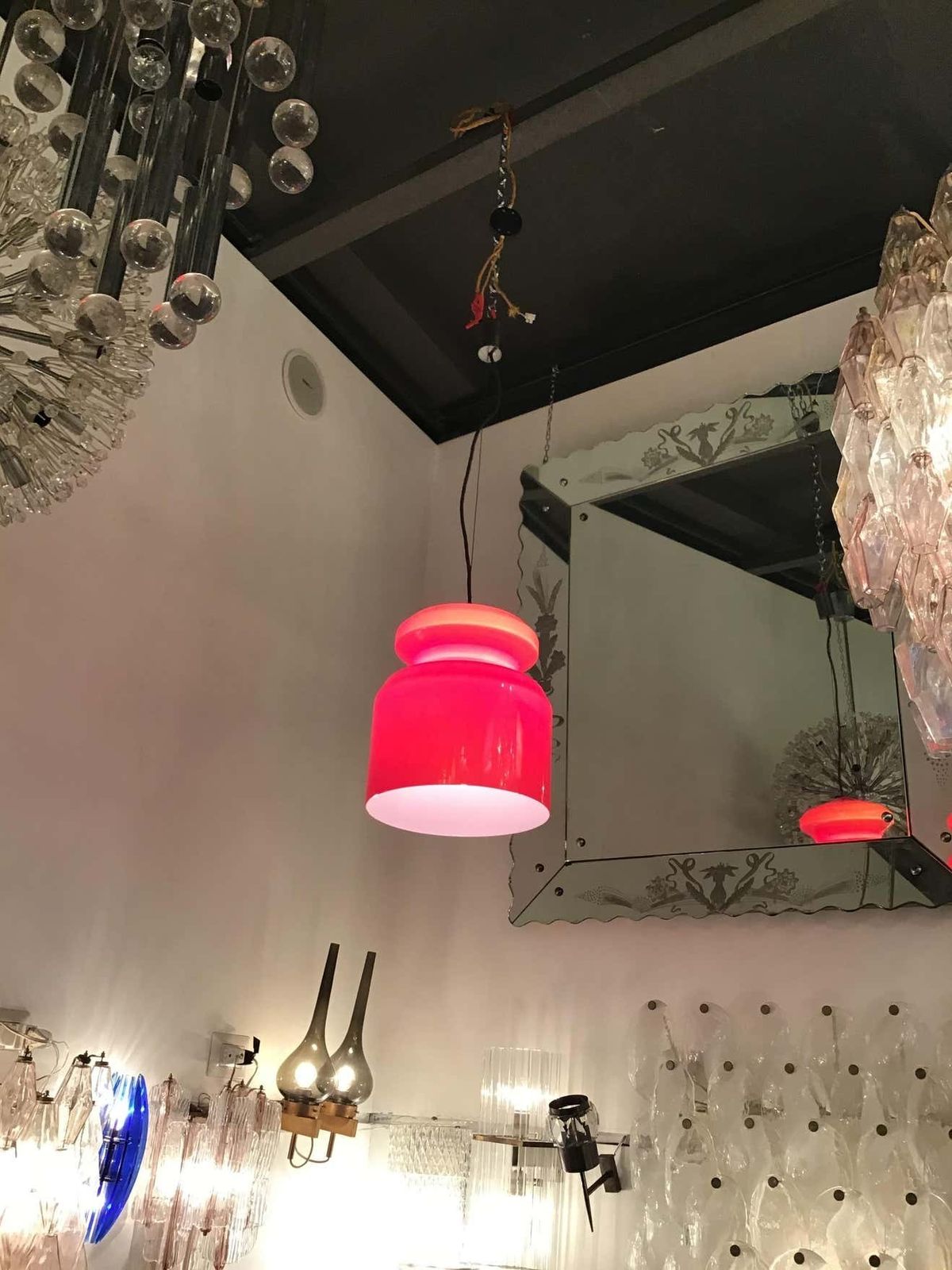 Stilnovo Chandelier Red Opaline Glass Metal Crome, 1965, Italy photo furniture
