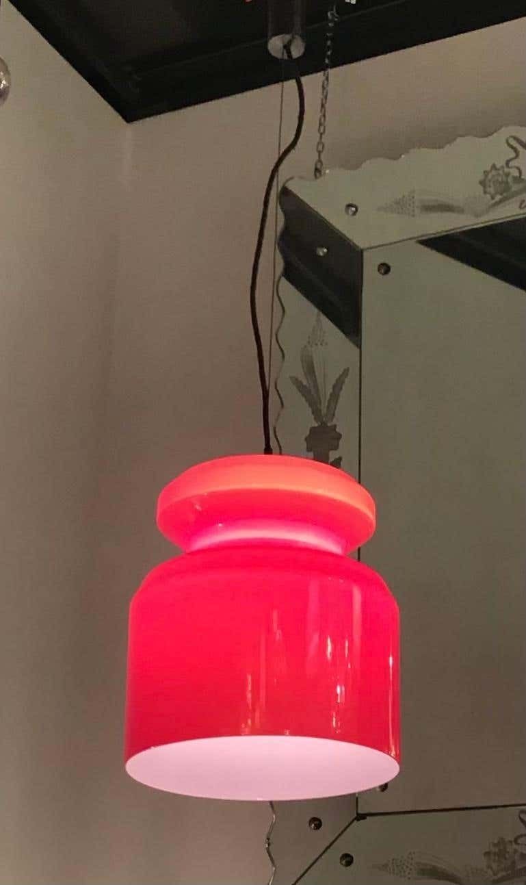 Stilnovo Chandelier Red Opaline Glass Metal Crome, 1965, Italy photo vinterior