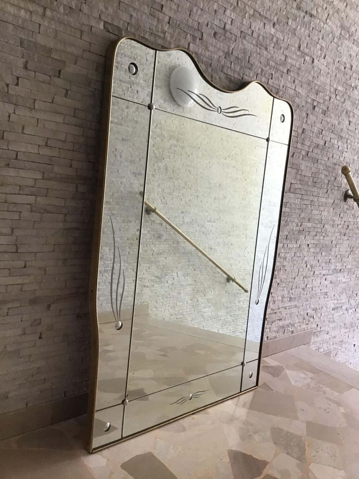 Cristal Art Mirror Brass Wood Glass 1950 Italy photo furniture