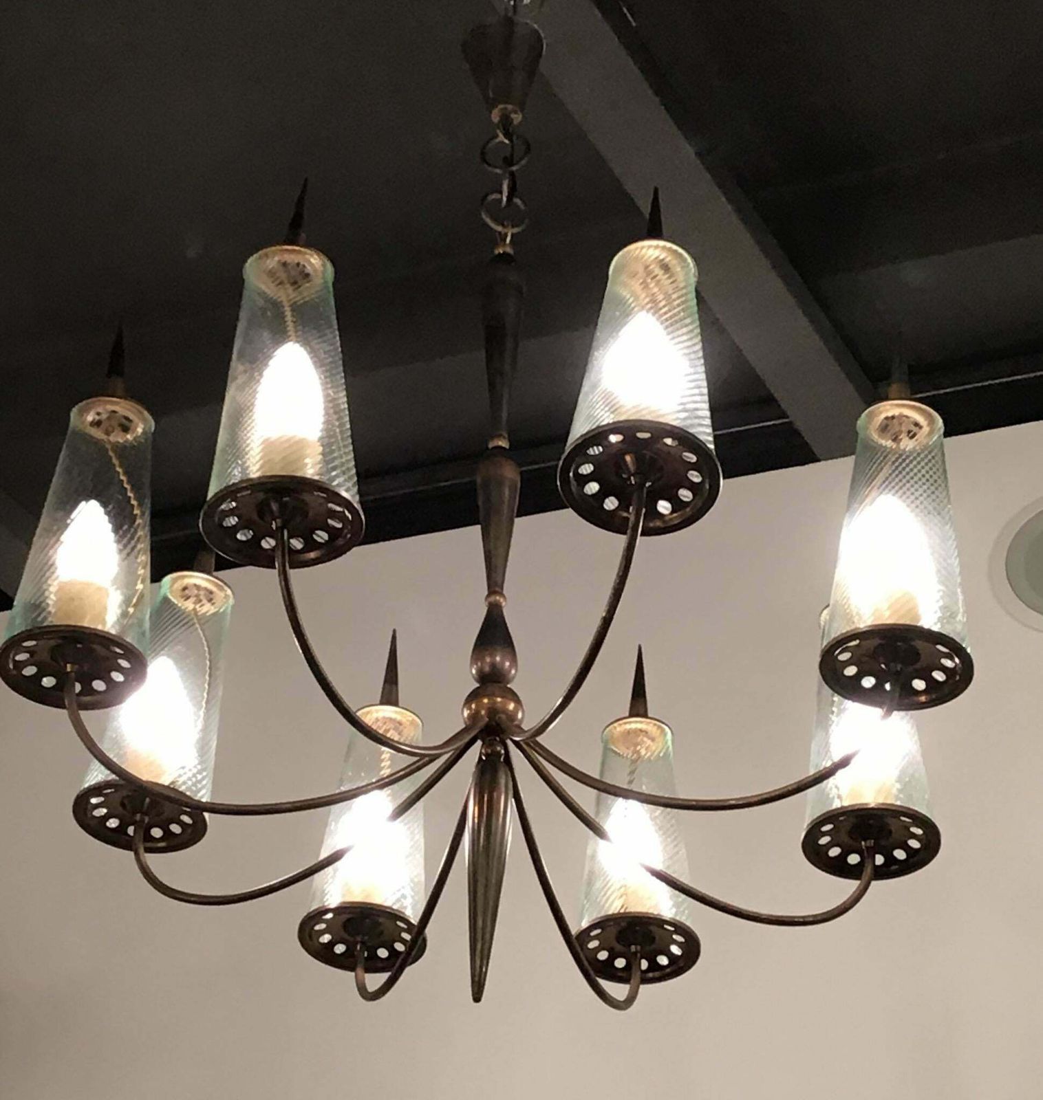 Couple Chandlers Brass Glass 8 Lights, Italy, Attributed To Stilnovo Circa 1948 photo vinterior