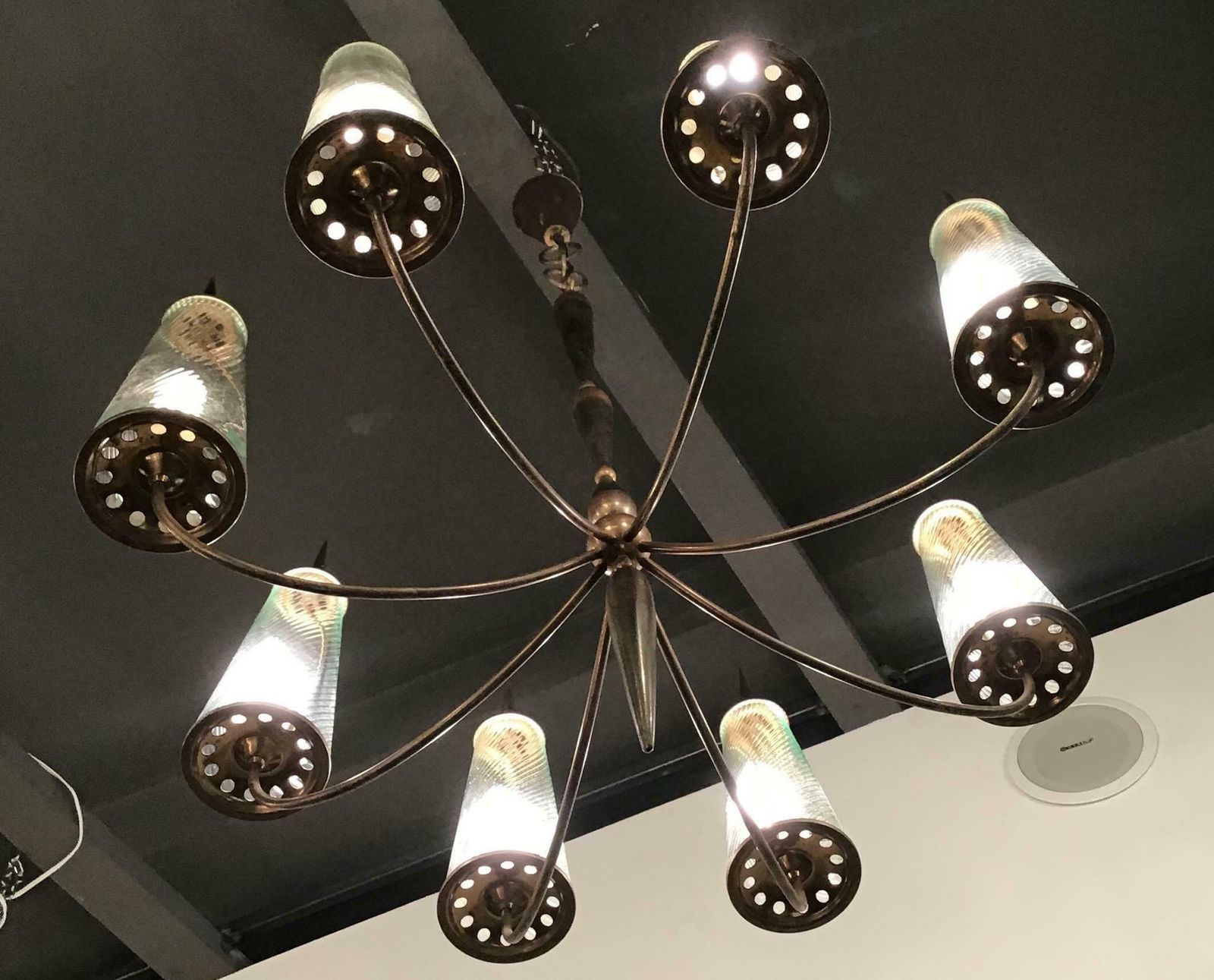 photo furniture Couple Chandlers Brass Glass 8 Lights, Italy, Attributed To Stilnovo Circa 1948
