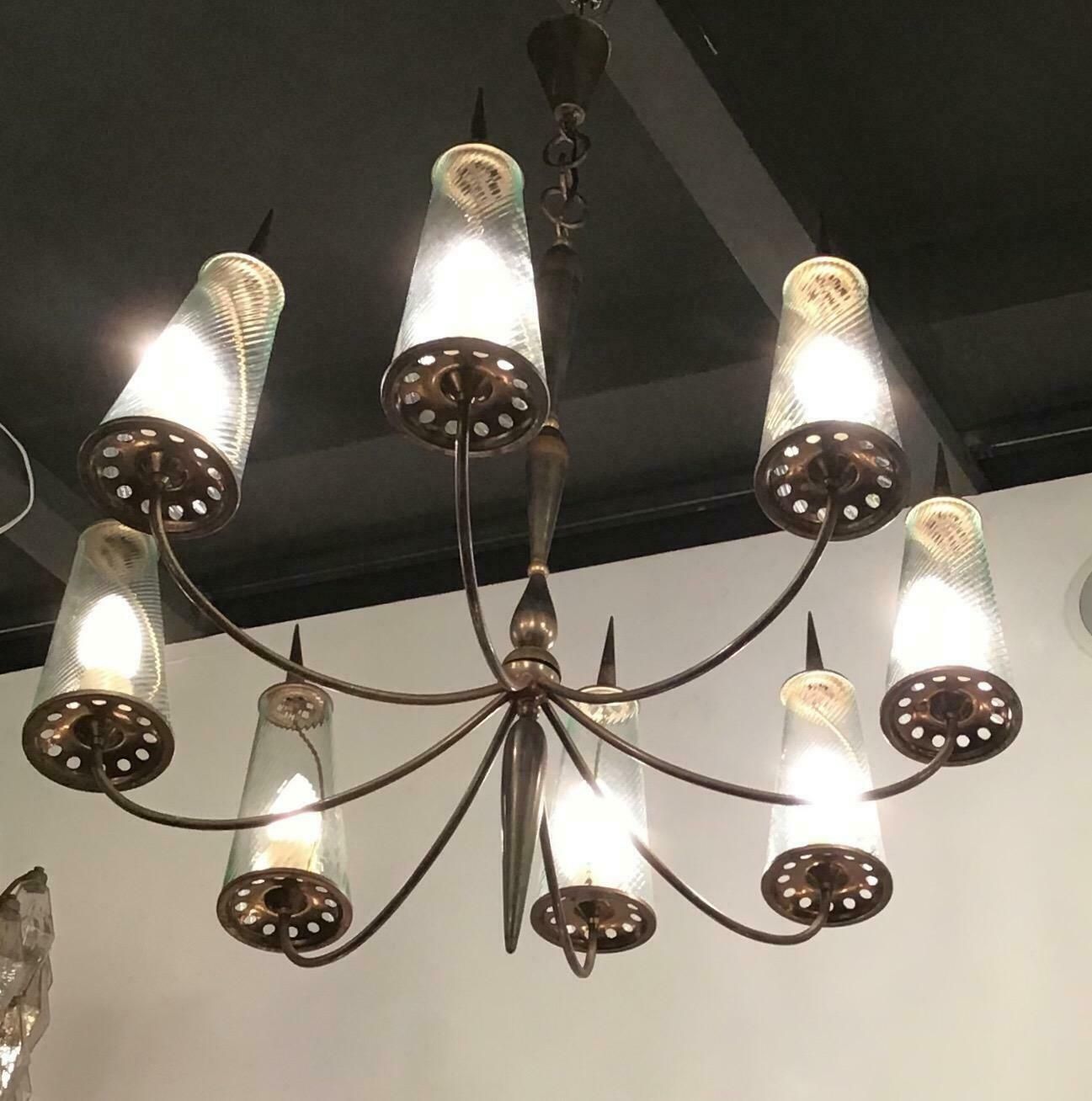 Lighting Couple Chandlers Brass Glass 8 Lights, Italy, Attributed To Stilnovo Circa 1948 photo