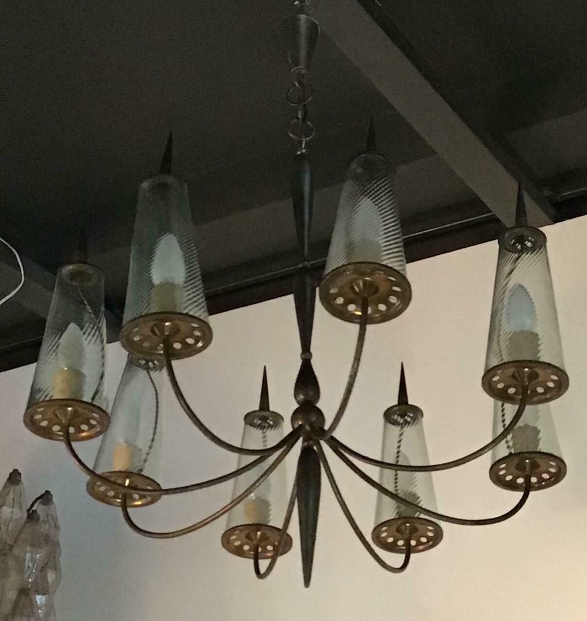 photo vinterior Couple Chandlers Brass Glass 8 Lights, Italy, Attributed To Stilnovo Circa 1948