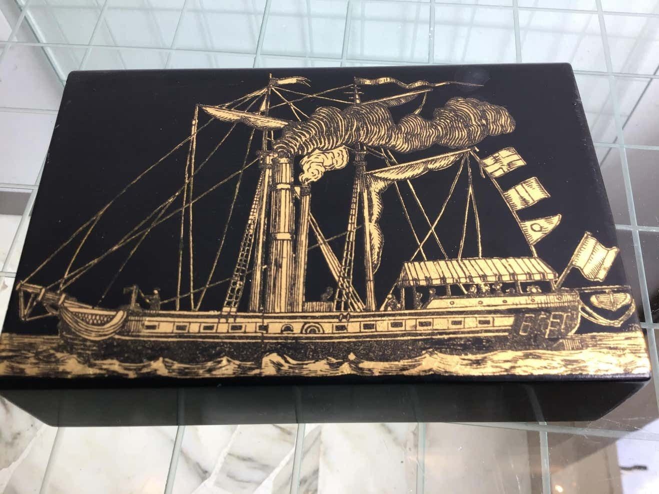 Piero Fornasetti Box Wood Metal Crome Gold, 1960, Italy photo for sale
