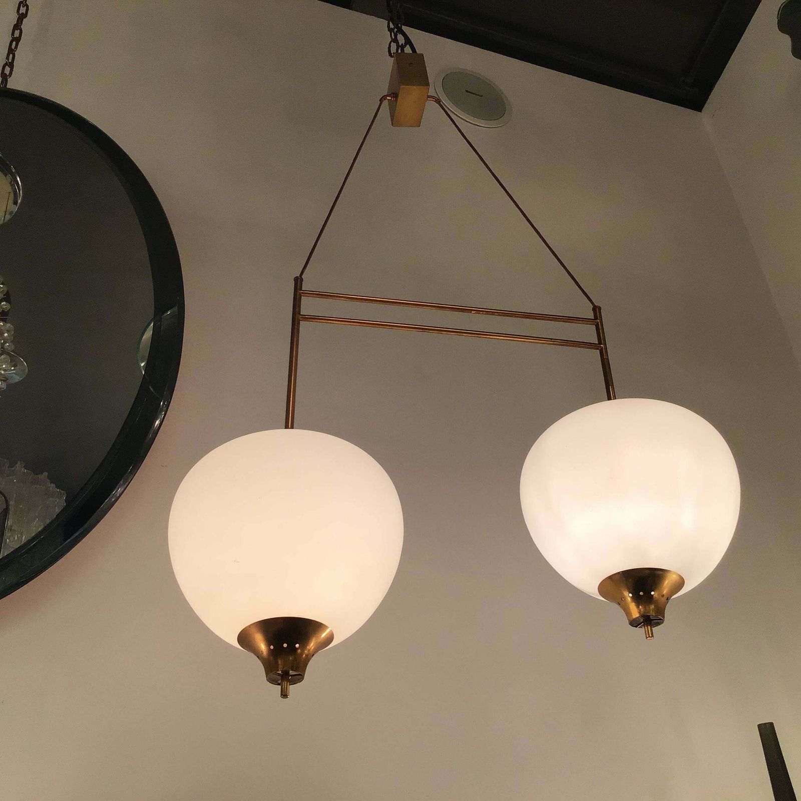 Stilnovo Chandelier Brass Opaline Glass 1950 Italy photo furniture