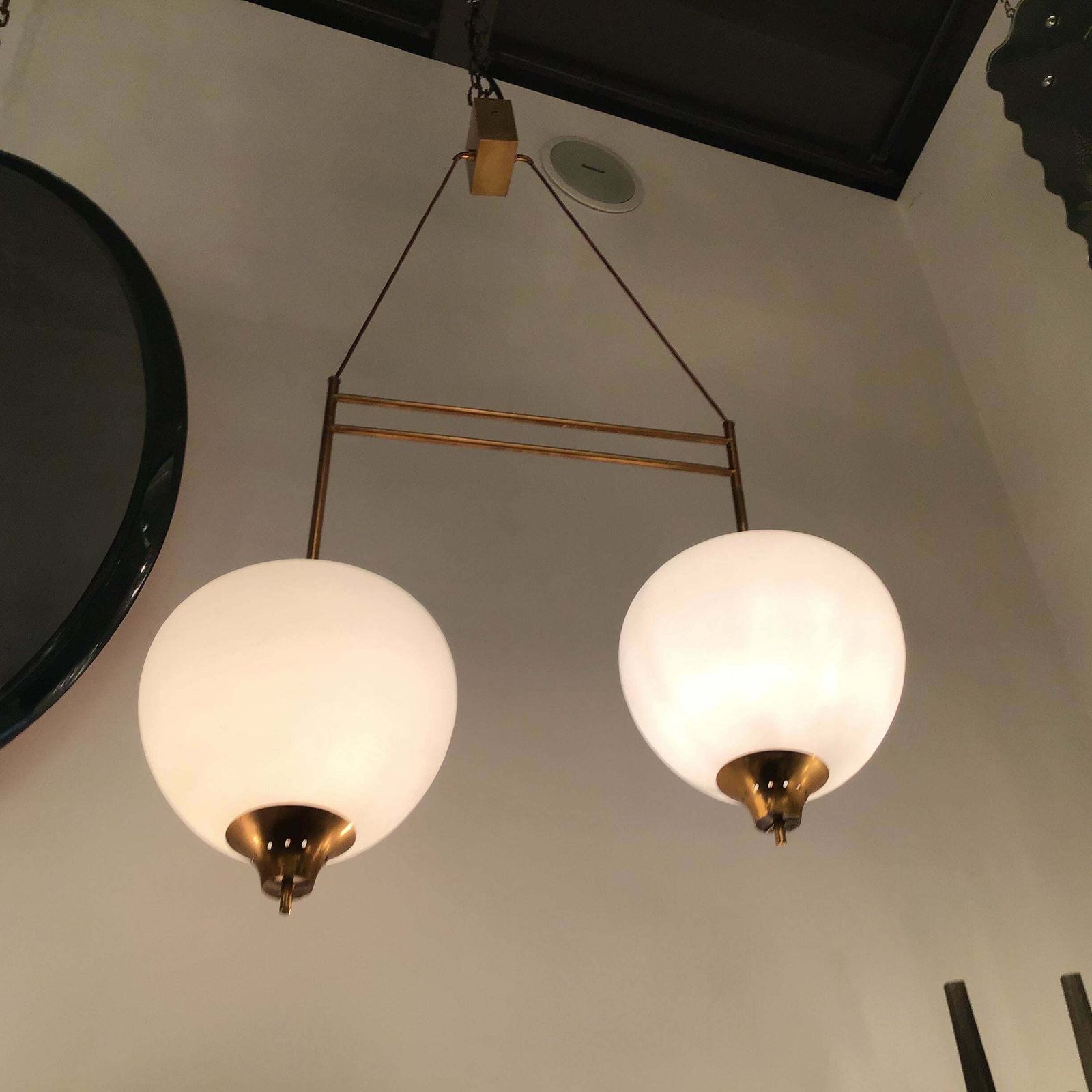 Stilnovo Chandelier Brass Opaline Glass 1950 Italy photo 3623.0