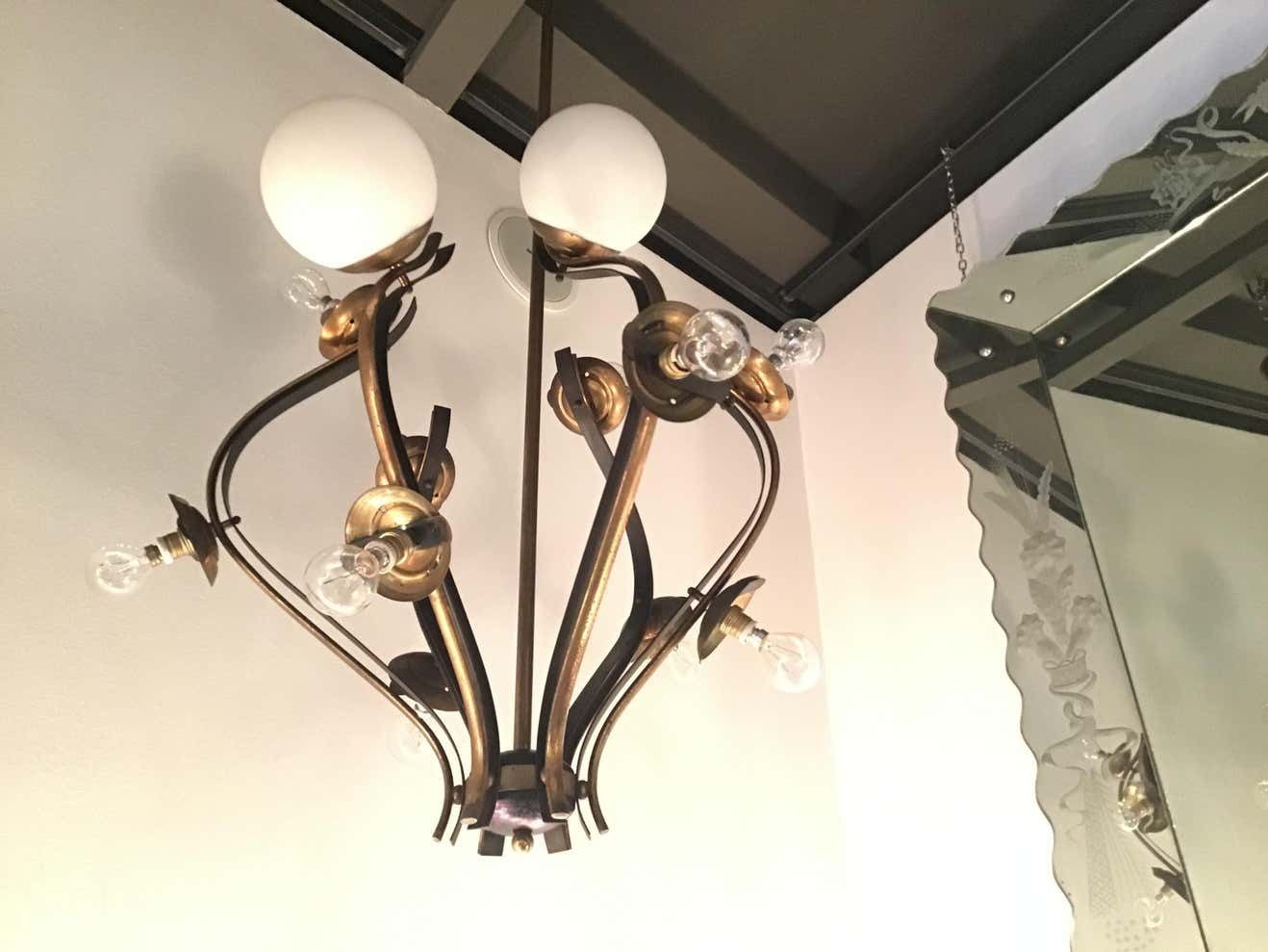 Chandelier 12 Lights Iron Brass Opalin Glass 1950, Attributed To Stilnovo C 1955 photo Lighting