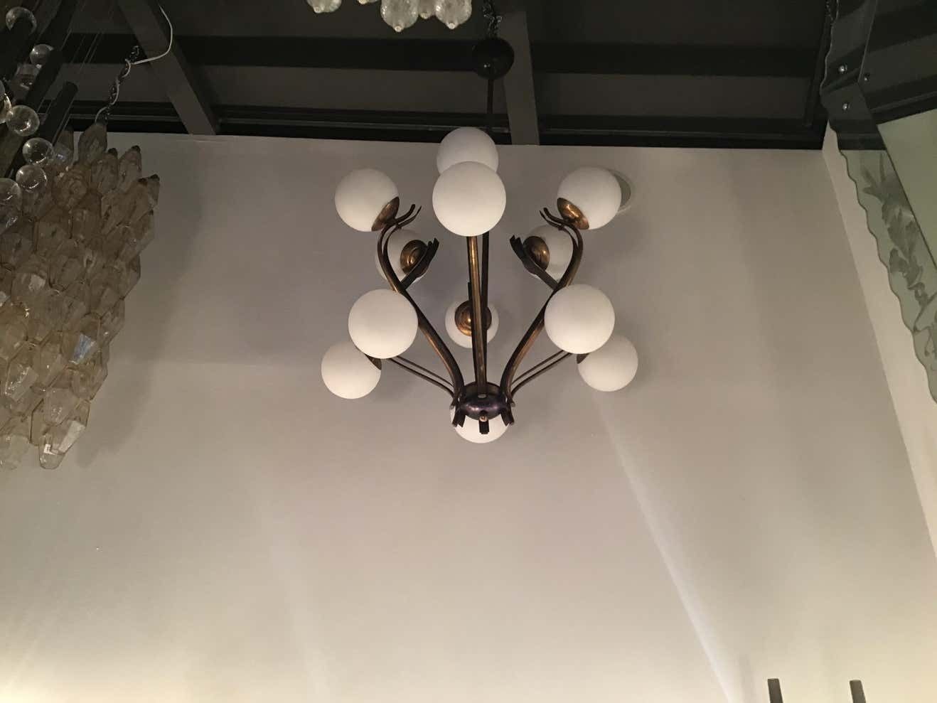 Chandelier 12 Lights Iron Brass Opalin Glass 1950, Attributed To Stilnovo C 1955 photo buy