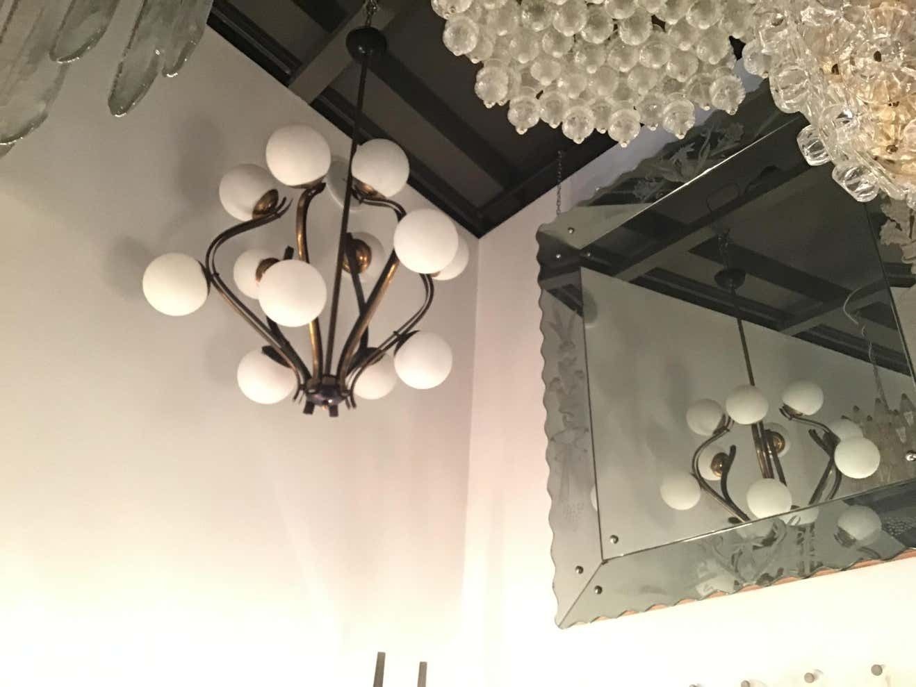 Chandelier 12 Lights Iron Brass Opalin Glass 1950, Attributed To Stilnovo C 1955 photo vintage
