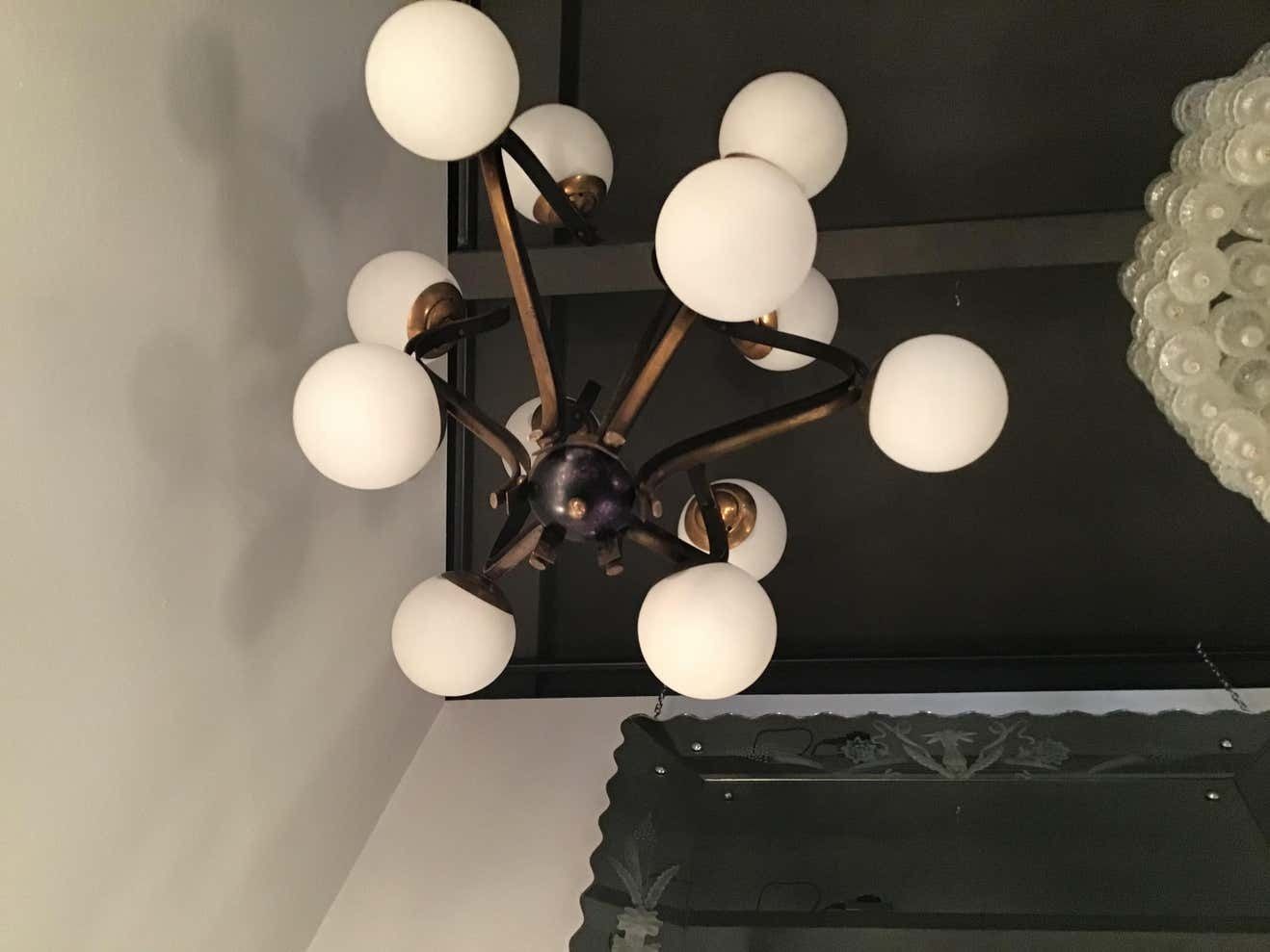 photo for sale Chandelier 12 Lights Iron Brass Opalin Glass 1950, Attributed To Stilnovo C 1955