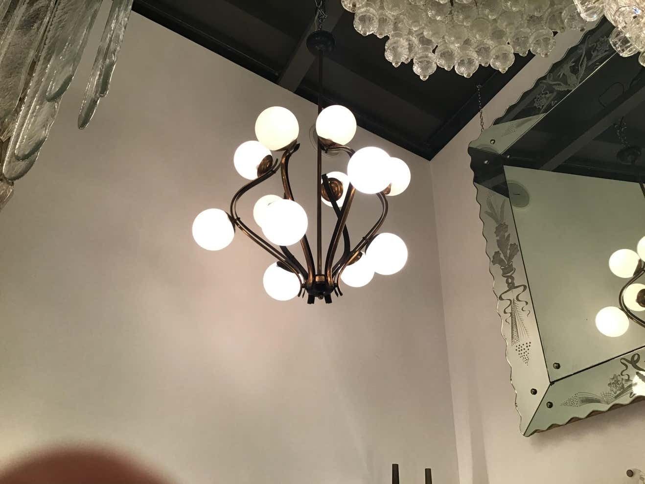 8604.0 Chandelier 12 Lights Iron Brass Opalin Glass 1950, Attributed To Stilnovo C 1955 photo