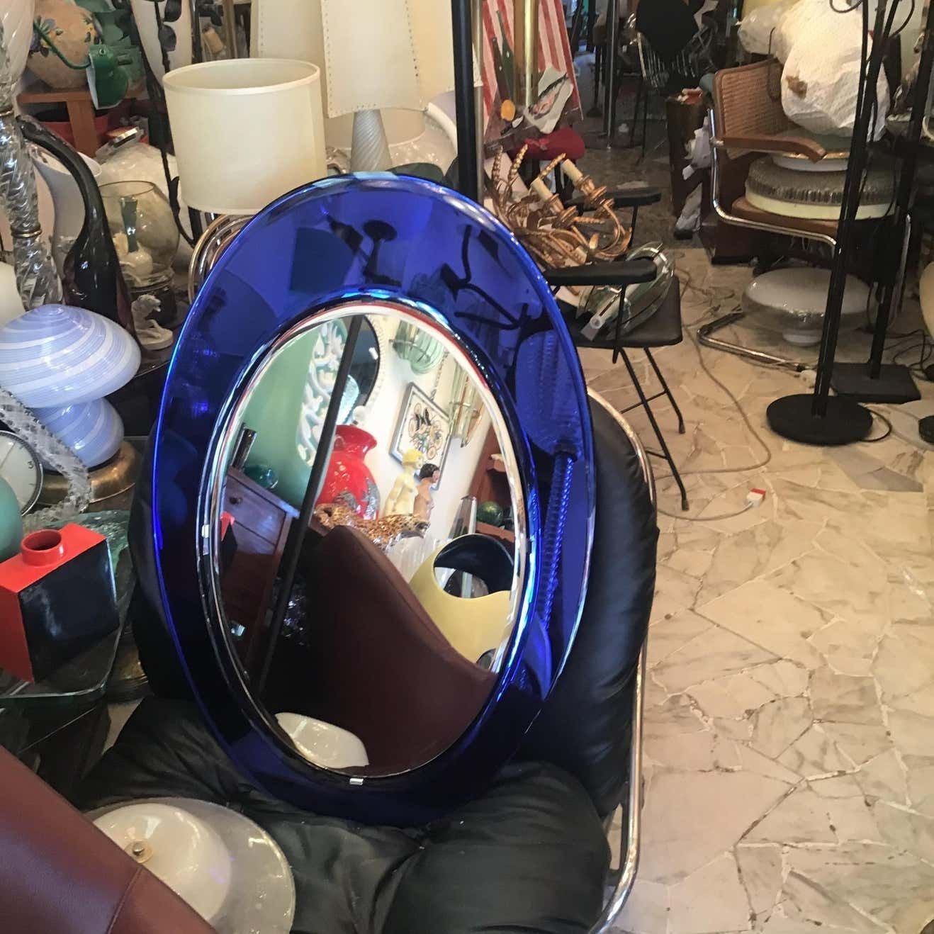 Cristal Arte Mirror Blu Mirrored Glass Metal Crome Wood, 1970, Italy photo vinterior