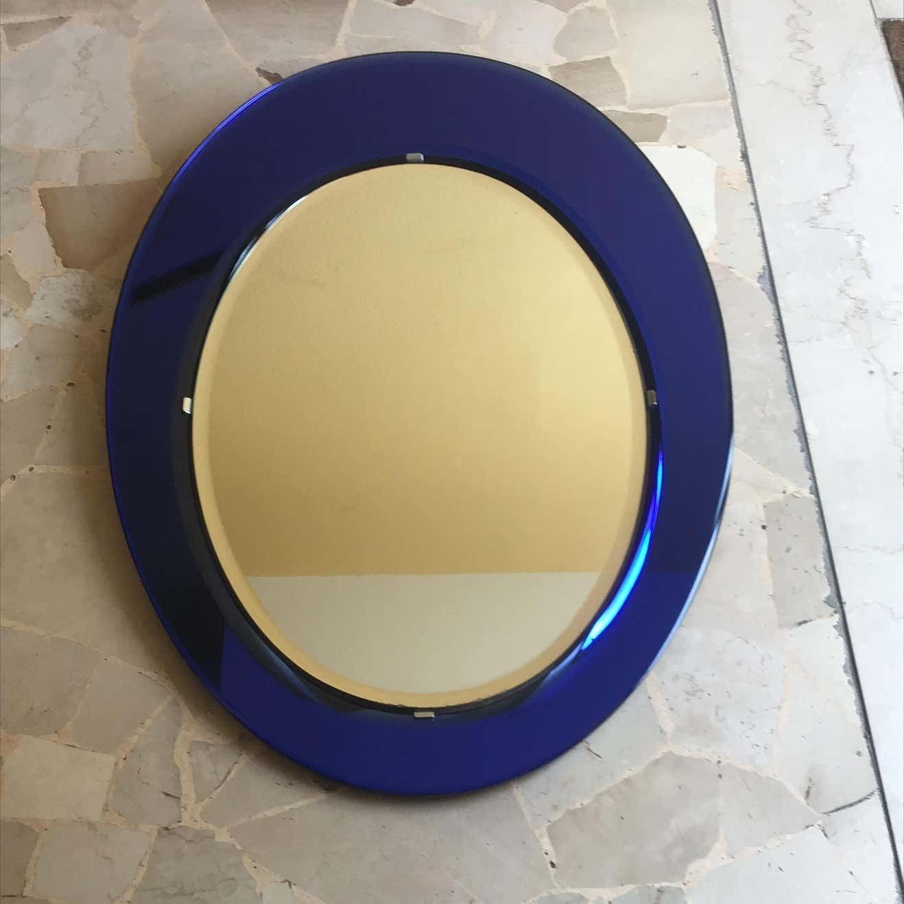 photo vintage Cristal Arte Mirror Blu Mirrored Glass Metal Crome Wood, 1970, Italy
