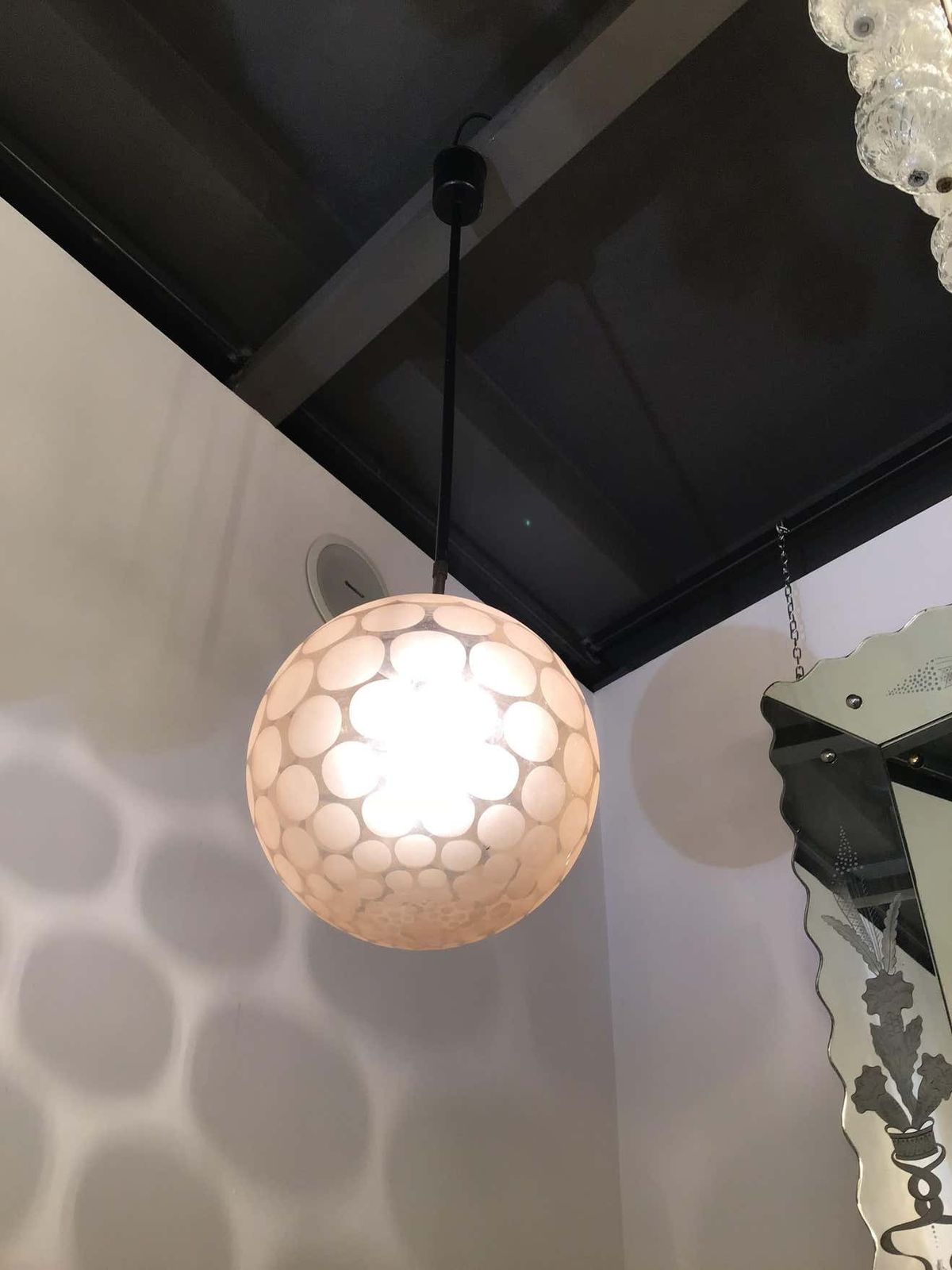 Cristal Art Chandelier Pink Glass With Polka Dots Brass, 1950 photo for sale