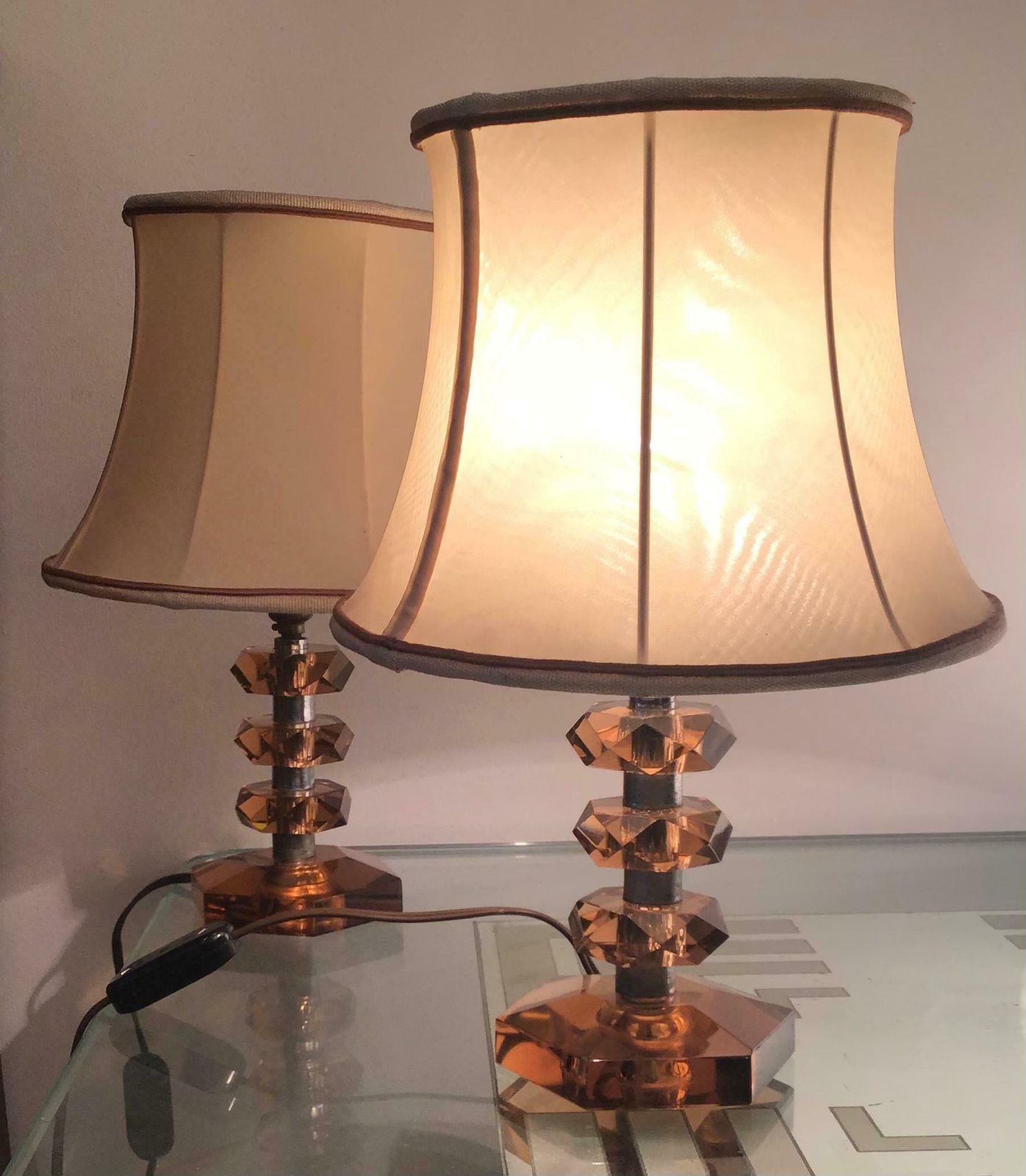 Cristal Arte Table Lamps Glass Metal Crome Fabric Lampshade, 1950, Italy photo vinterior