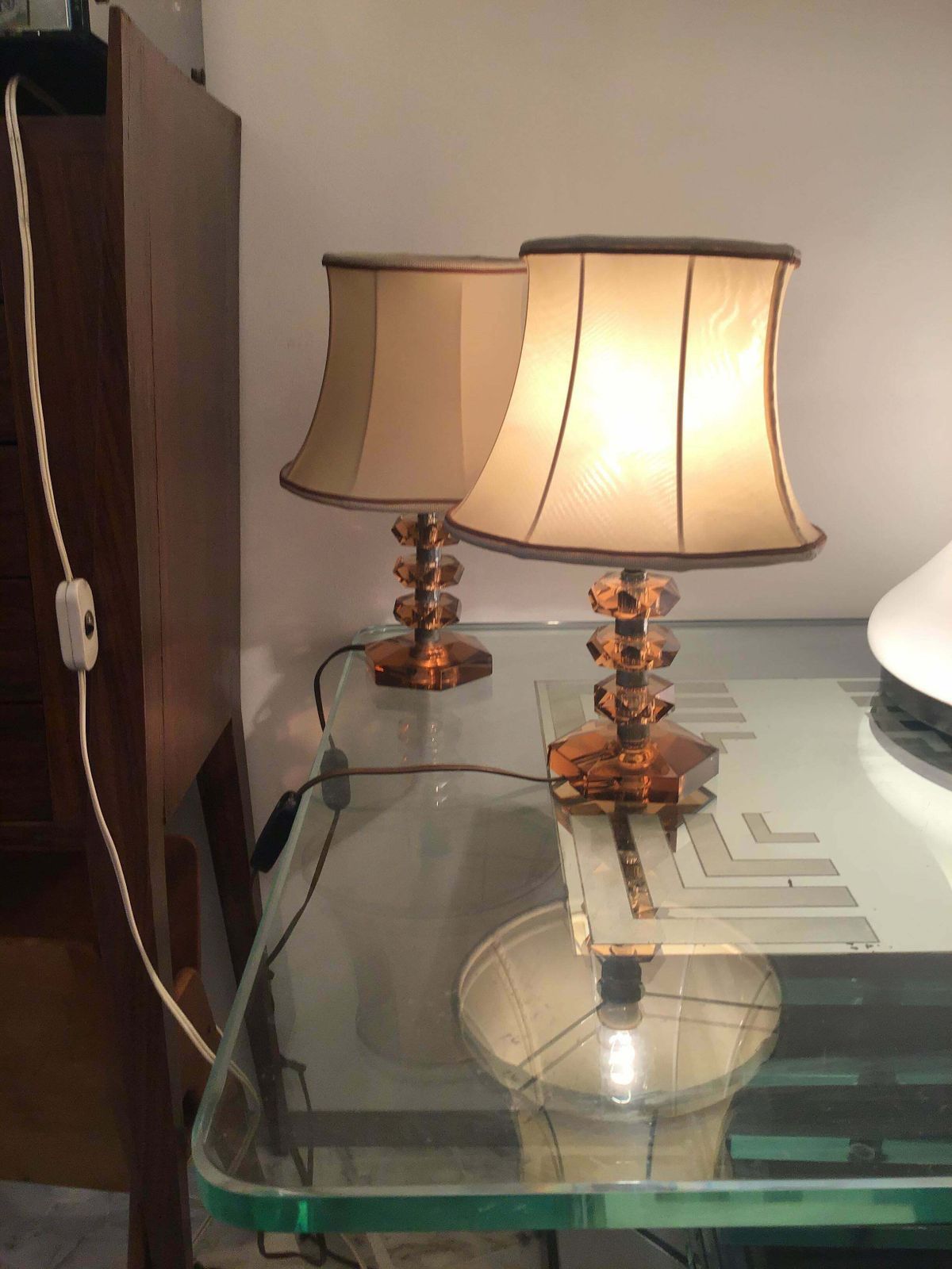 Cristal Arte Table Lamps Glass Metal Crome Fabric Lampshade, 1950, Italy photo vintage