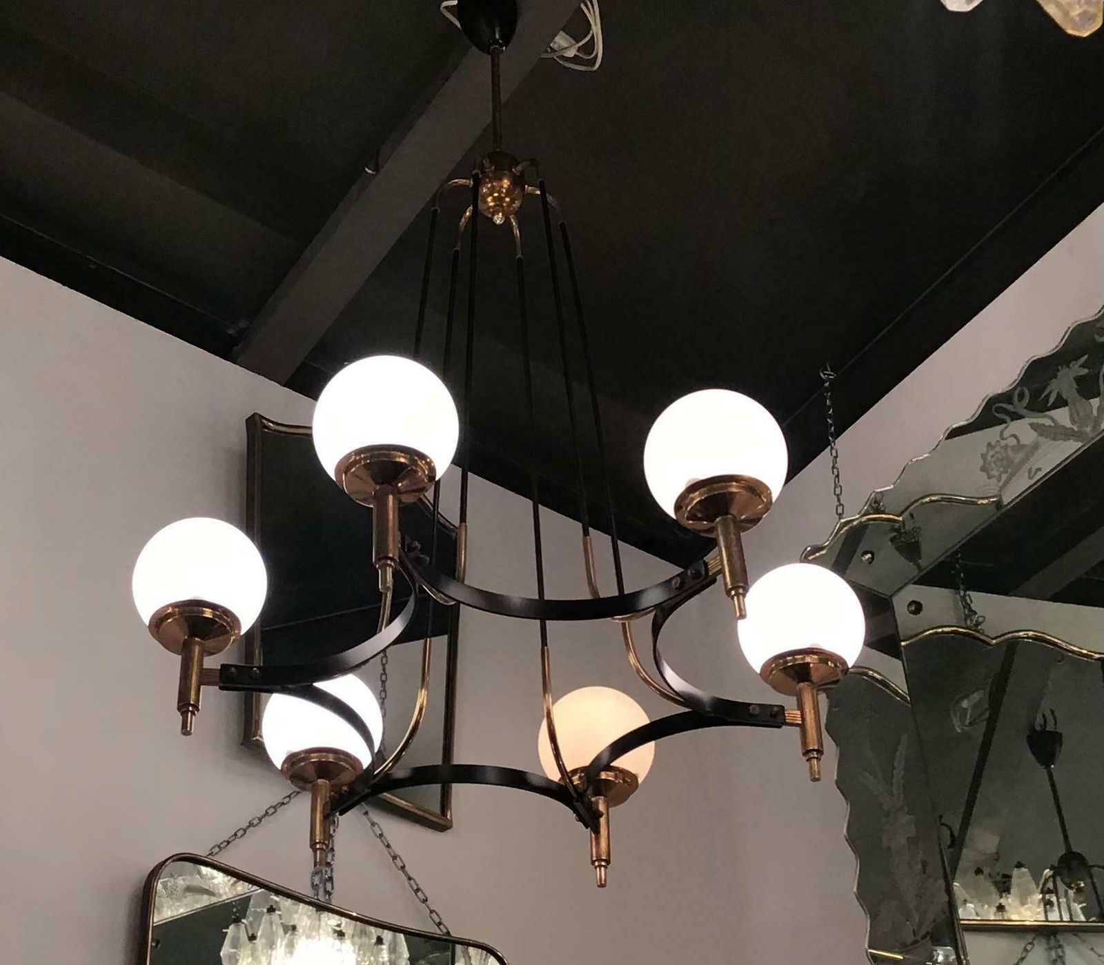 Stilnovo Chandelier Brass Opaline Glass Iron 1950 Italy photo vinterior