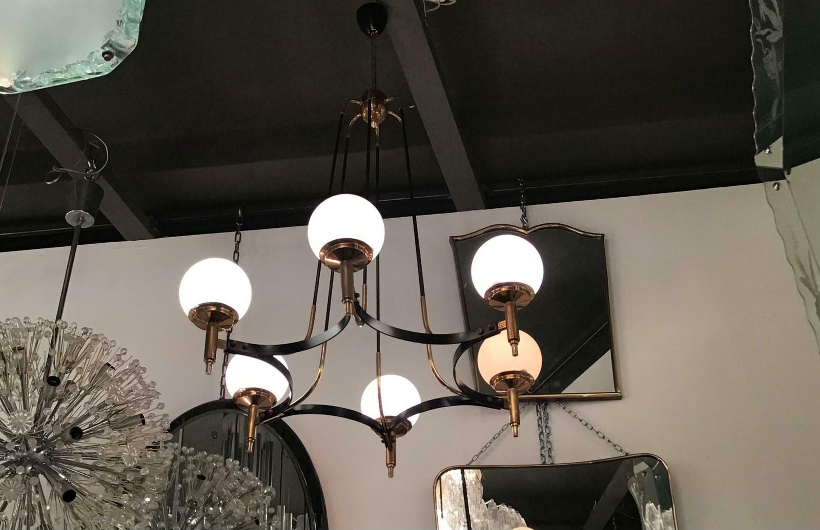 photo furniture Stilnovo Chandelier Brass Opaline Glass Iron 1950 Italy