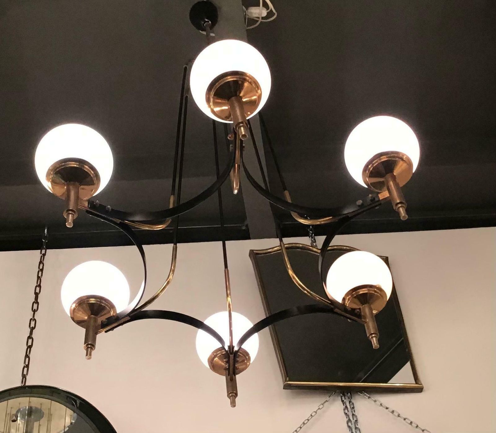 3442.0 Stilnovo Chandelier Brass Opaline Glass Iron 1950 Italy photo