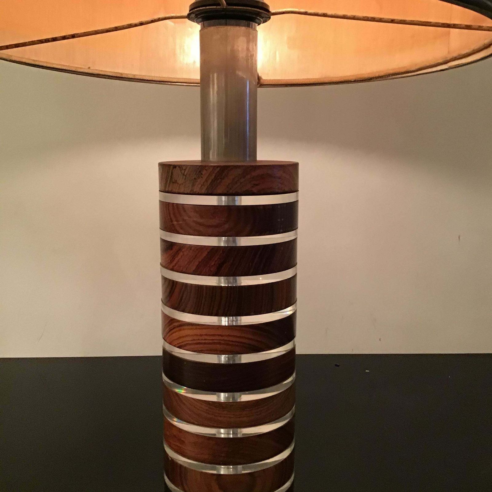 Lighting Felice Antonio Botta Table Lamp Brass Wood Plexiglass Fabric Brass Lampshade1974 photo