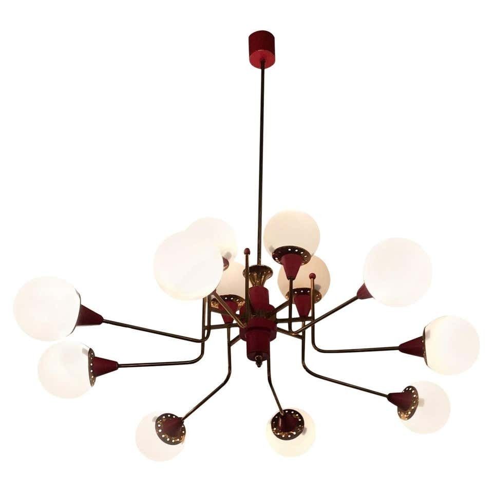 Stilnovo Chandelier 12 Light Brass Metal Opaline Glass, 1950, Italy