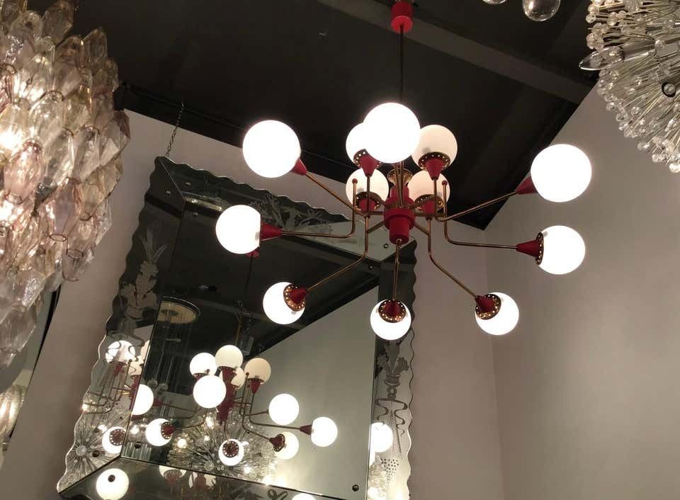Stilnovo Chandelier 12 Light Brass Metal Opaline Glass, 1950, Italy photo for sale