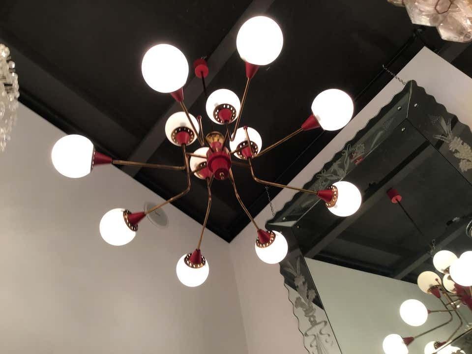 Stilnovo Chandelier 12 Light Brass Metal Opaline Glass, 1950, Italy photo buy