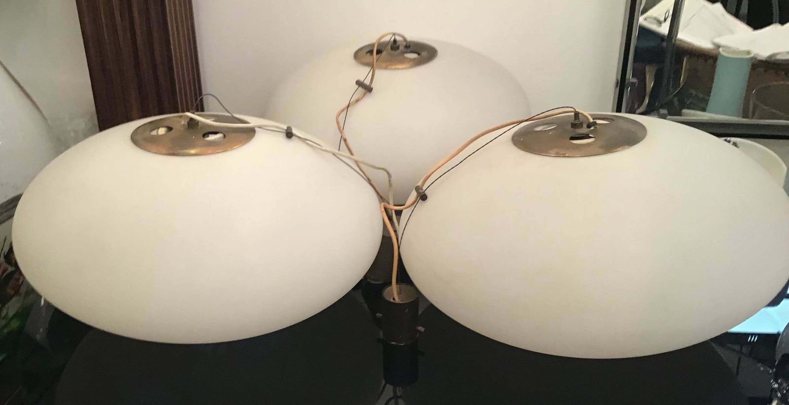 Stilnovo Chandeliers “Cianbella” Brass Opaline Glass 1950 Italy photo for sale