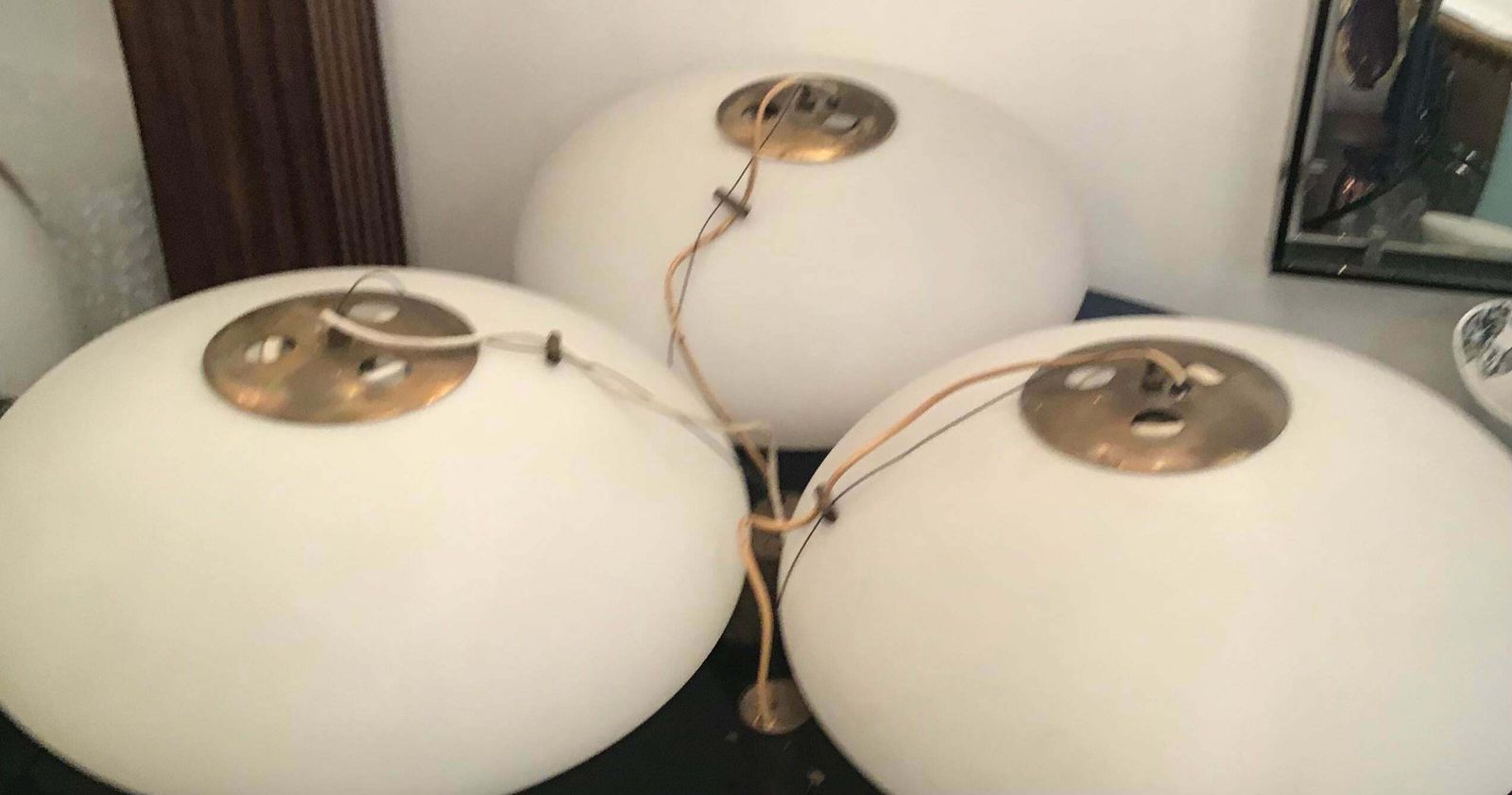 Stilnovo Chandeliers “Cianbella” Brass Opaline Glass 1950 Italy photo 3164.0