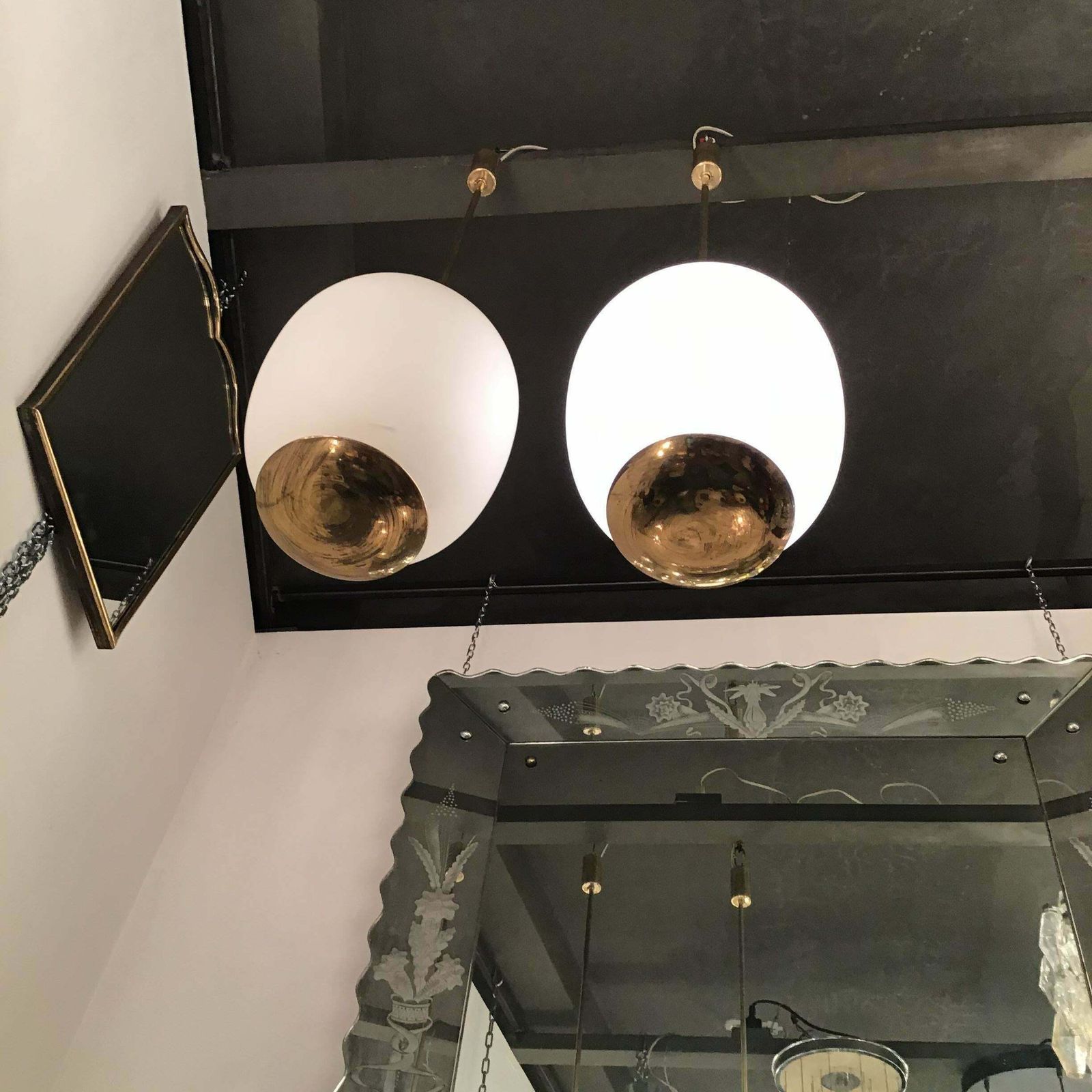 Stilnovo Couple Chandeliers Brass Opaline Glass 1950 Italy photo Lighting