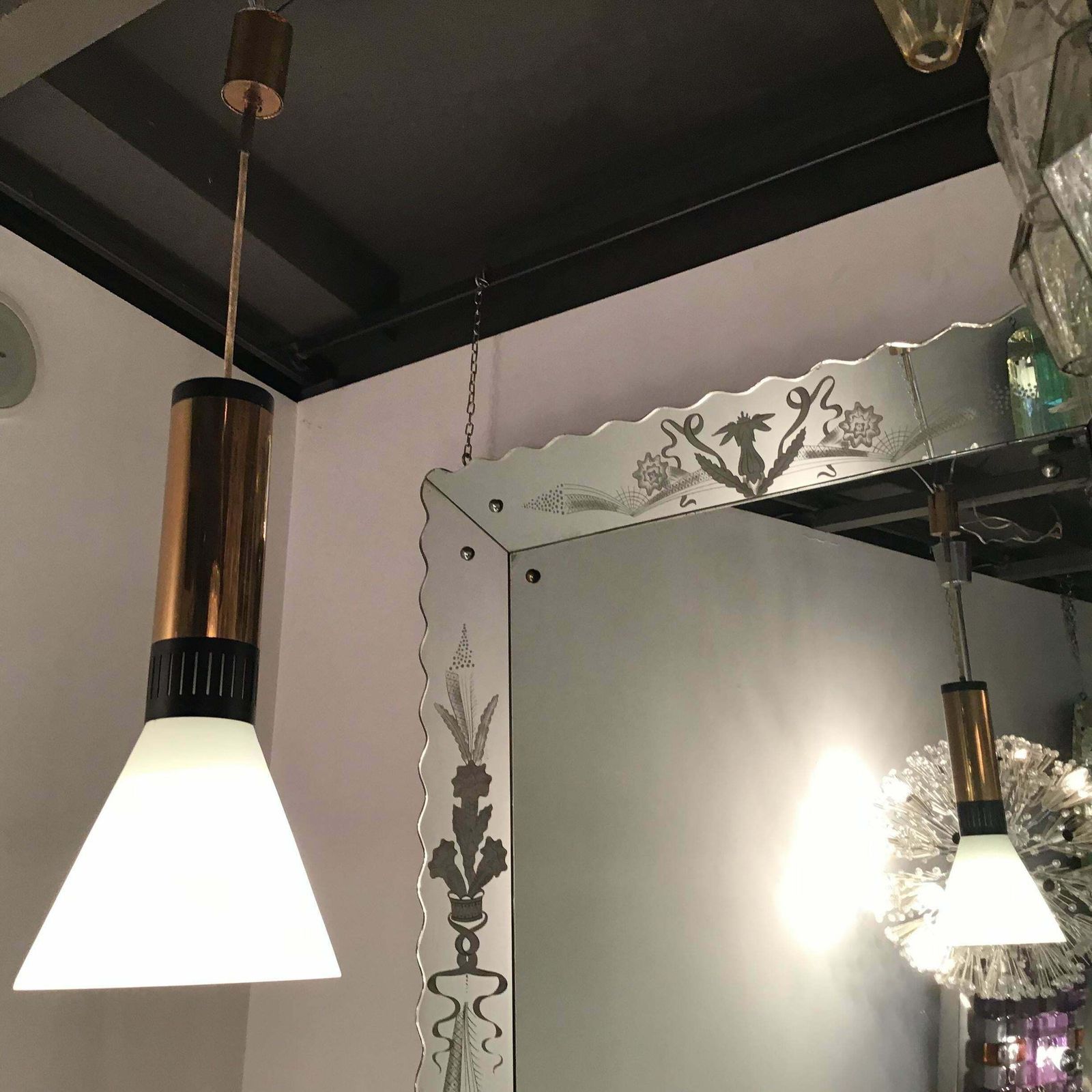 Stilnovo Couple Chandeliers Brass Opaline Glass, 1950, Italy photo for sale