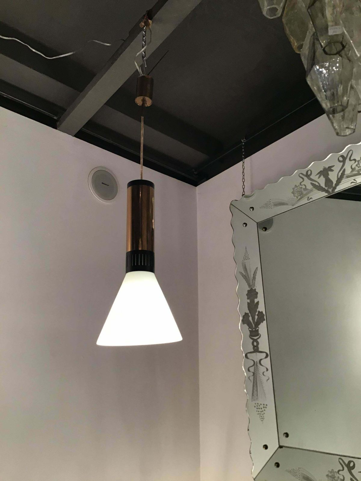 Stilnovo Couple Chandeliers Brass Opaline Glass, 1950, Italy photo buy