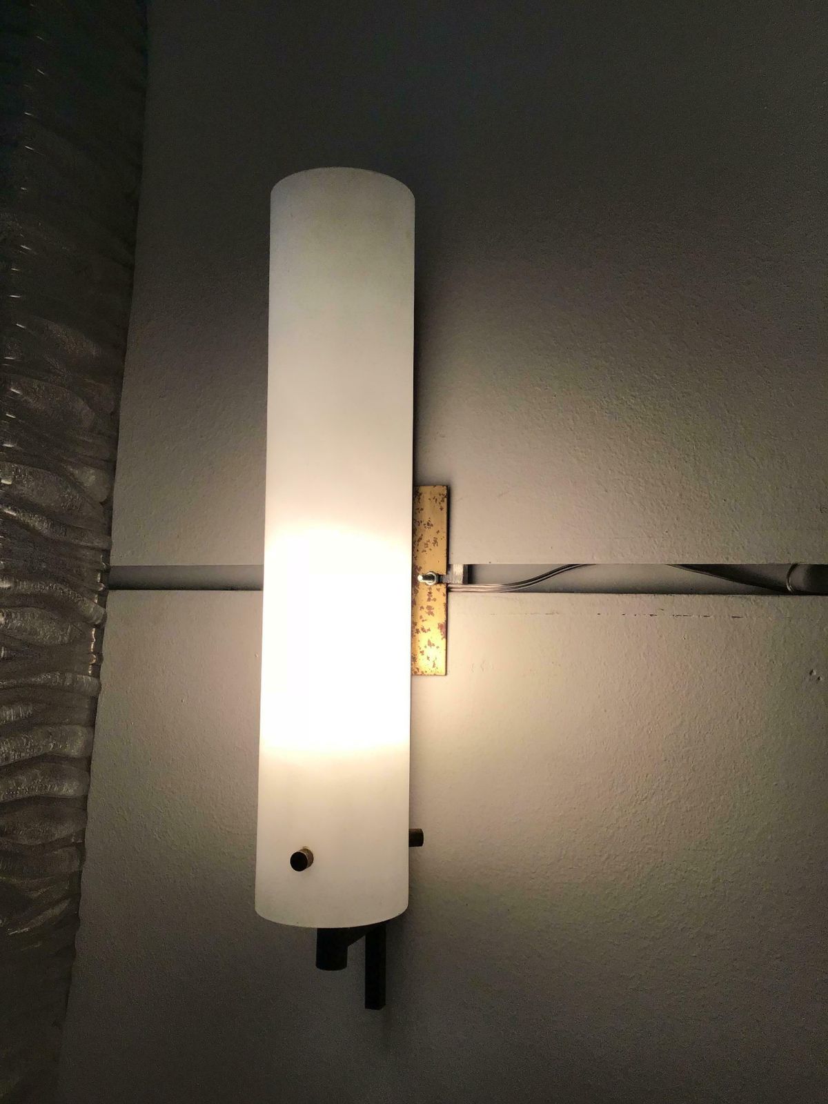 Pair Of Sconces White Opal Glasses Brass Iron Wood Attributed To Stilnovo C 1958 photo Lighting