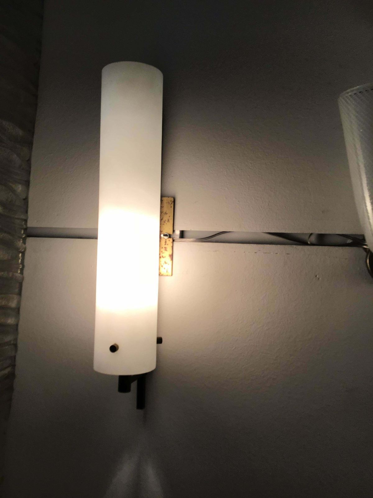 photo furniture Pair Of Sconces White Opal Glasses Brass Iron Wood Attributed To Stilnovo C 1958