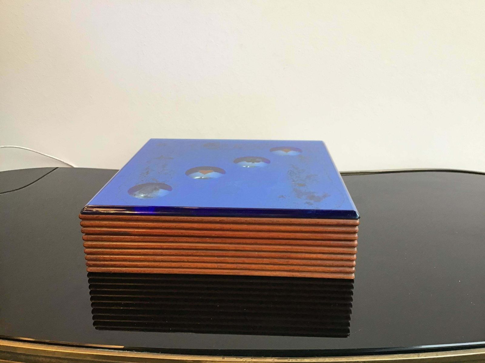 photo furniture Fontana Arte Blue Mirrored Glass And Wood Game Box, 1950, Italy