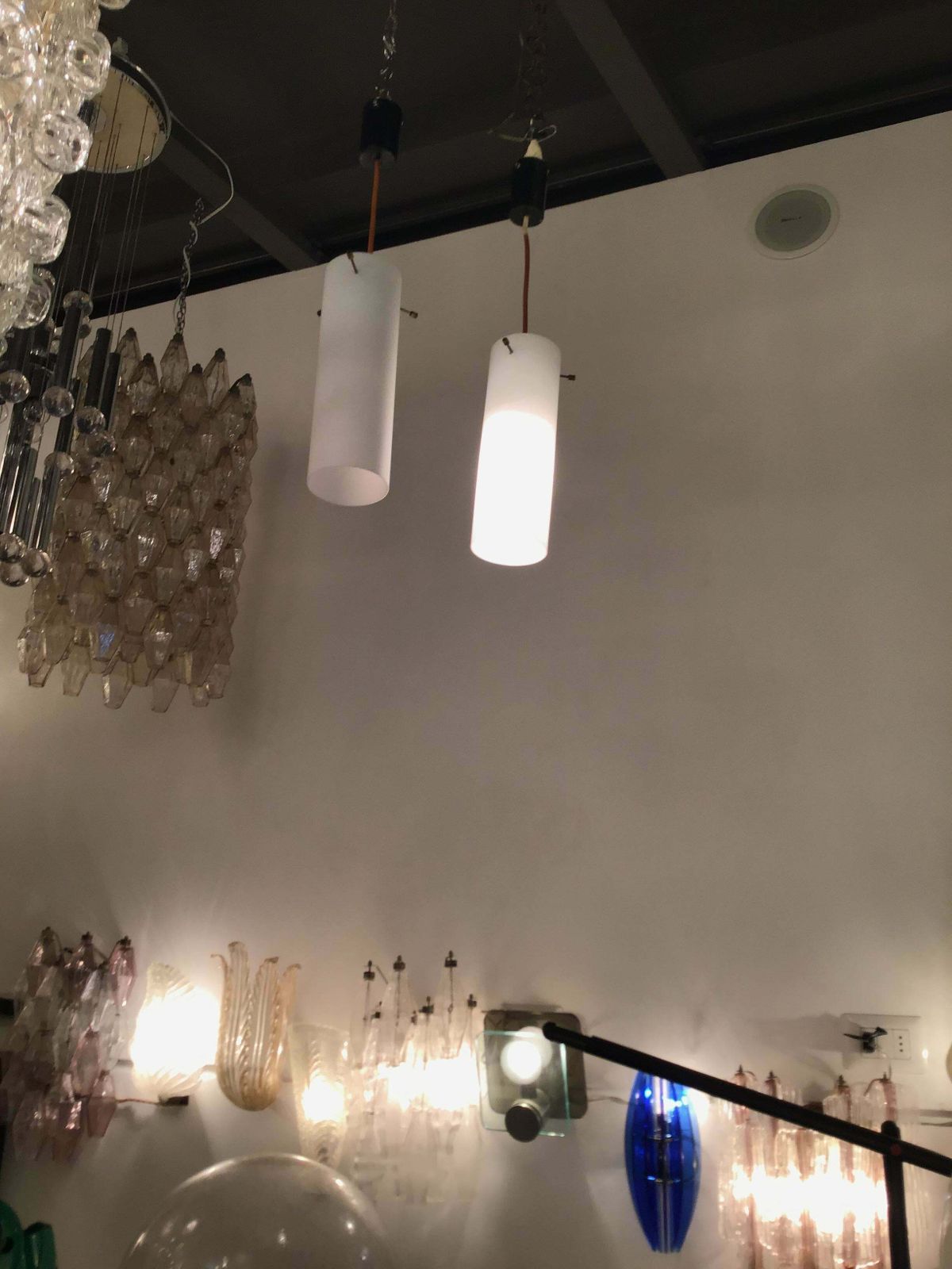 Chandeliers White Opalin Glass Brass Plastic, Italy, Attrib To Stilnovo, C. 1960 photo vinterior