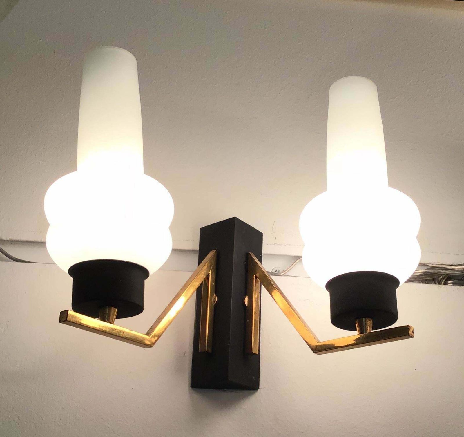 Couple Sconces Italia Brass Iron, White Opal Glass, Attrib To Stilnovo, C 1960s photo furniture
