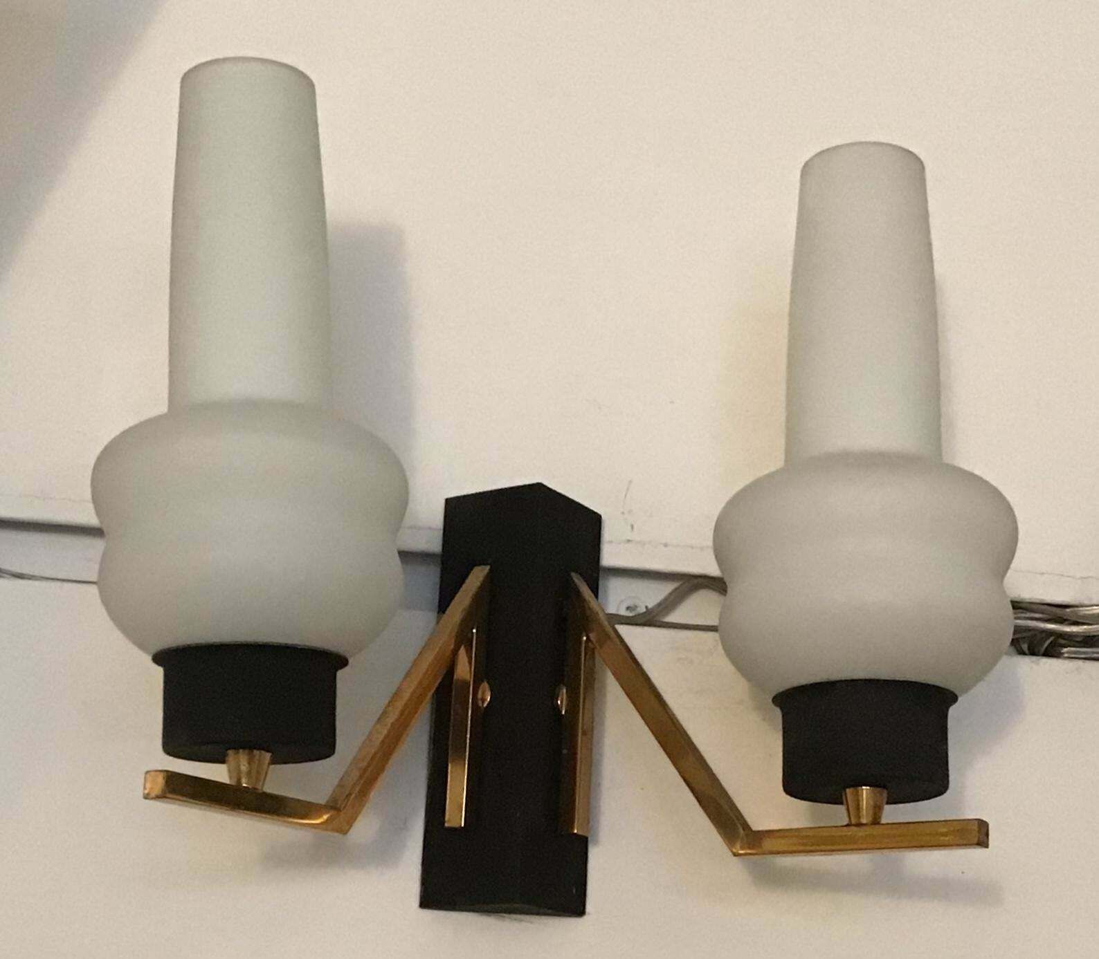 Couple Sconces Italia Brass Iron, White Opal Glass, Attrib To Stilnovo, C 1960s photo Lighting