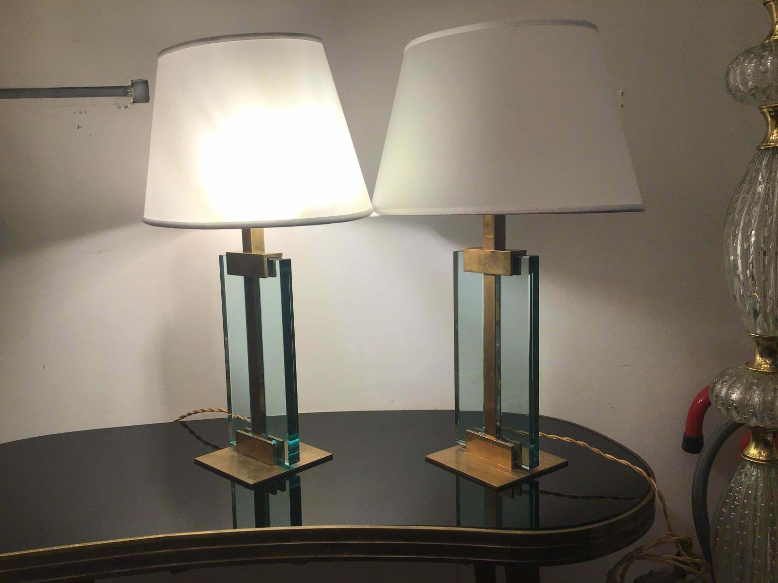 Fontana Arte Table Lamps Brass Glass Fabric Lampshade, 1950, Italy photo furniture