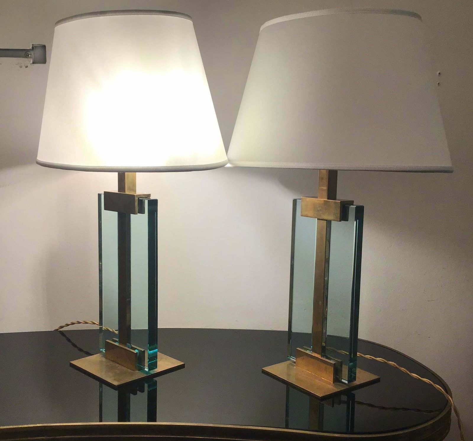 Fontana Arte Table Lamps Brass Glass Fabric Lampshade, 1950, Italy photo Lighting