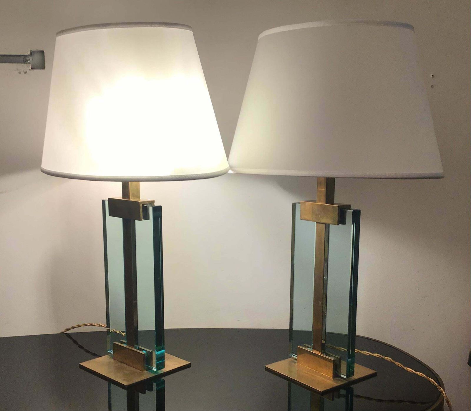 Lighting Fontana Arte Table Lamps Brass Glass Fabric Lampshade, 1950, Italy photo