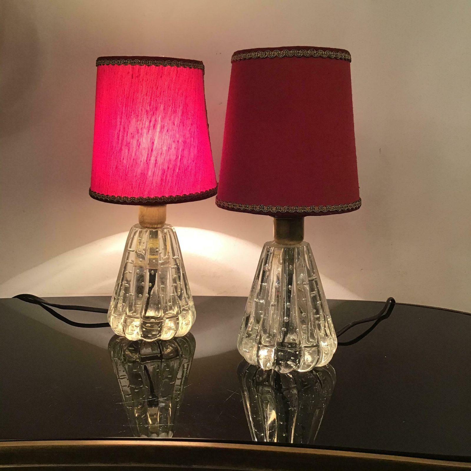 Barovier E Toso Table Lamps Murano Glass Brass Fabric Lampshade 1940 Italy photo Lighting