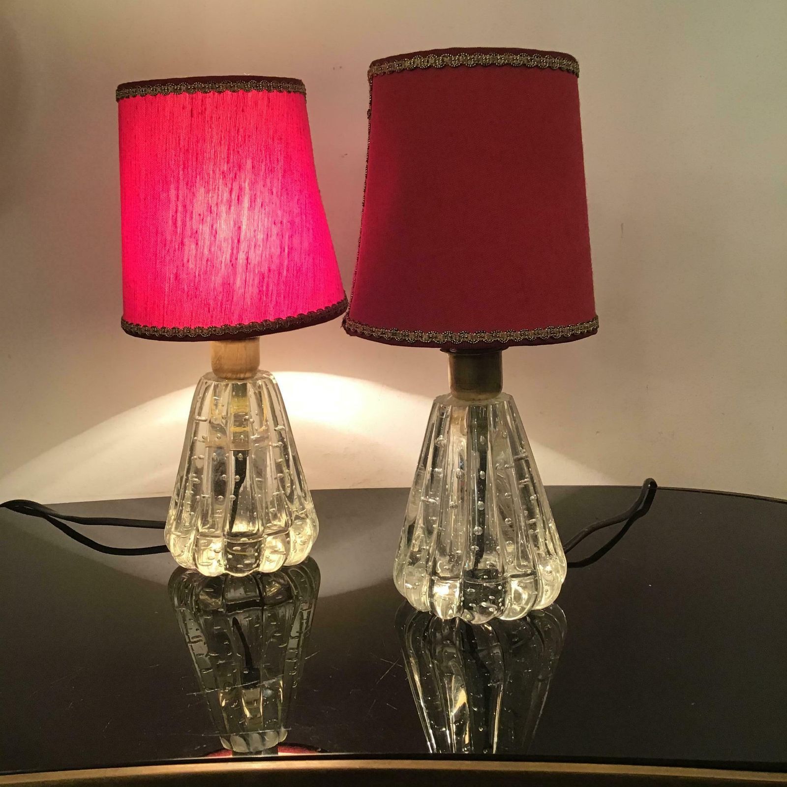 Barovier E Toso Table Lamps Murano Glass Brass Fabric Lampshade 1940 Italy photo vinterior
